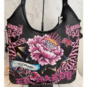 ED HARDY Black Vegan Leather Hobo Style Satchel Tote NWT